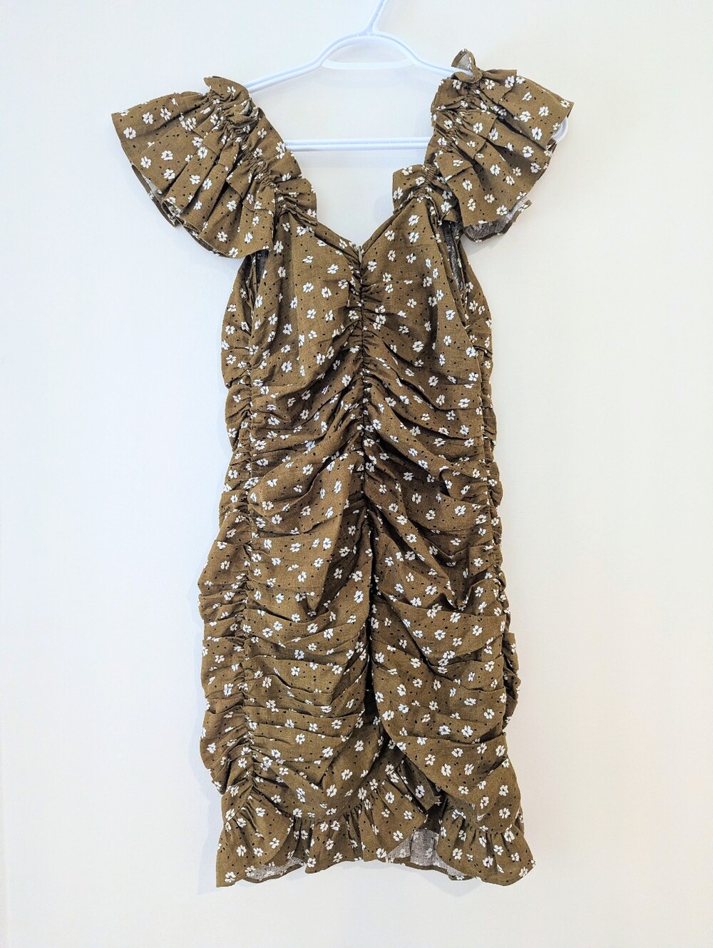 Zara Olive Floral Ruffle Ruched Mini Dress - Picture 6 of 11
